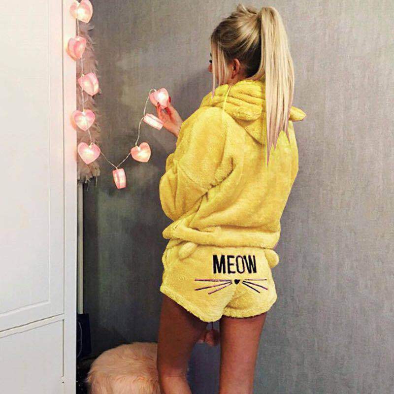 Damen nan kuscheliges zweiteiliges Lounge-Set mit Kapuzenpullover und Shorts mit MEOW-Stickerei
