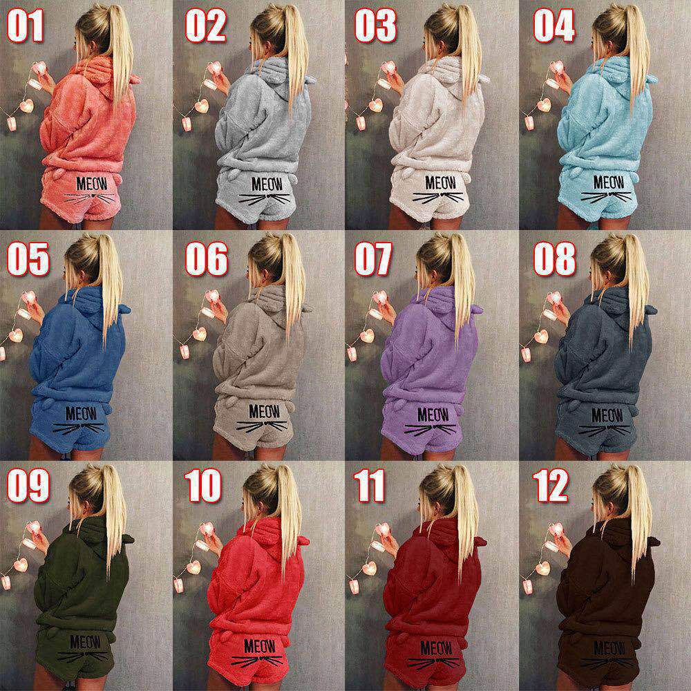 Damen nan kuscheliges zweiteiliges Lounge-Set mit Kapuzenpullover und Shorts mit MEOW-Stickerei