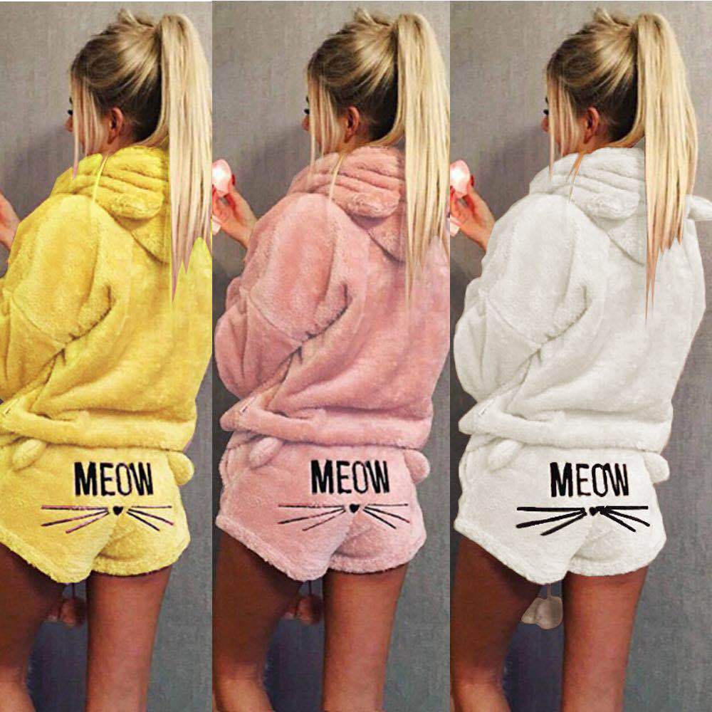 Damen nan kuscheliges zweiteiliges Lounge-Set mit Kapuzenpullover und Shorts mit MEOW-Stickerei