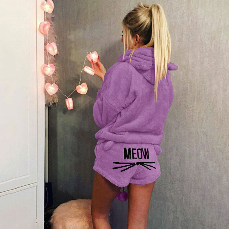Damen nan kuscheliges zweiteiliges Lounge-Set mit Kapuzenpullover und Shorts mit MEOW-Stickerei