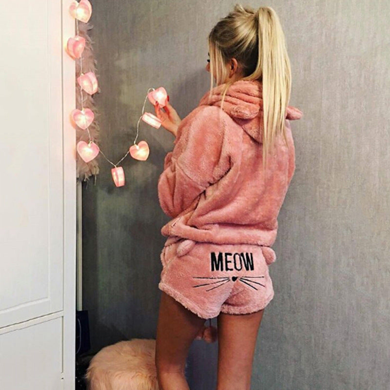 Damen nan kuscheliges zweiteiliges Lounge-Set mit Kapuzenpullover und Shorts mit MEOW-Stickerei