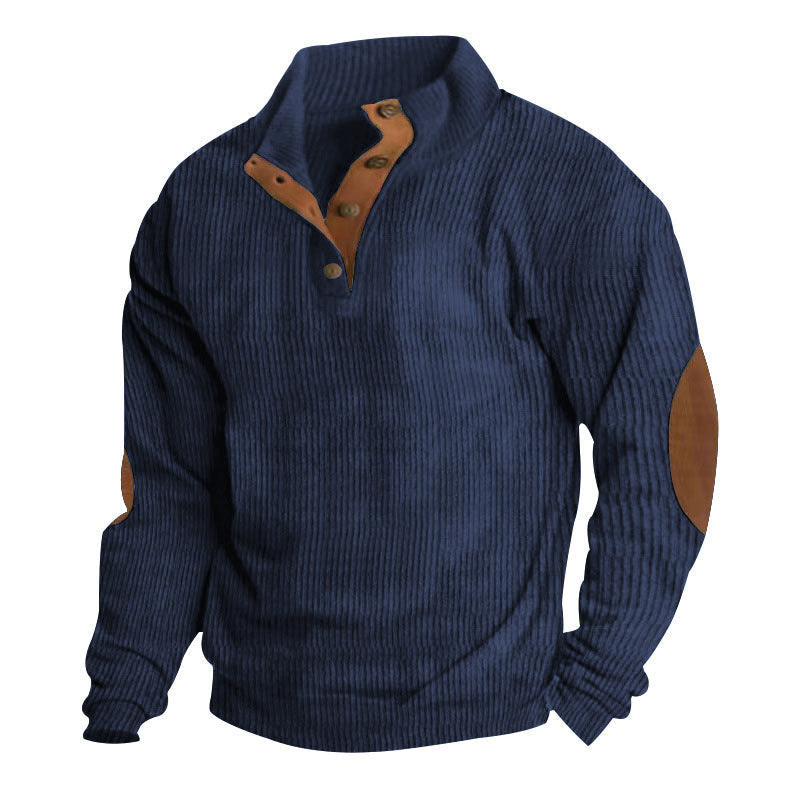Herren nan rustikaler gerippter Pullover mit Henley-Kragen und lederartigen Ellbogenbesätzen
