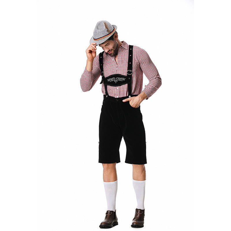 Herren nan kurze Trachtenlederhose in Veloursleder-Optik mit besticktem Brustlatz und verstellbaren Trägern