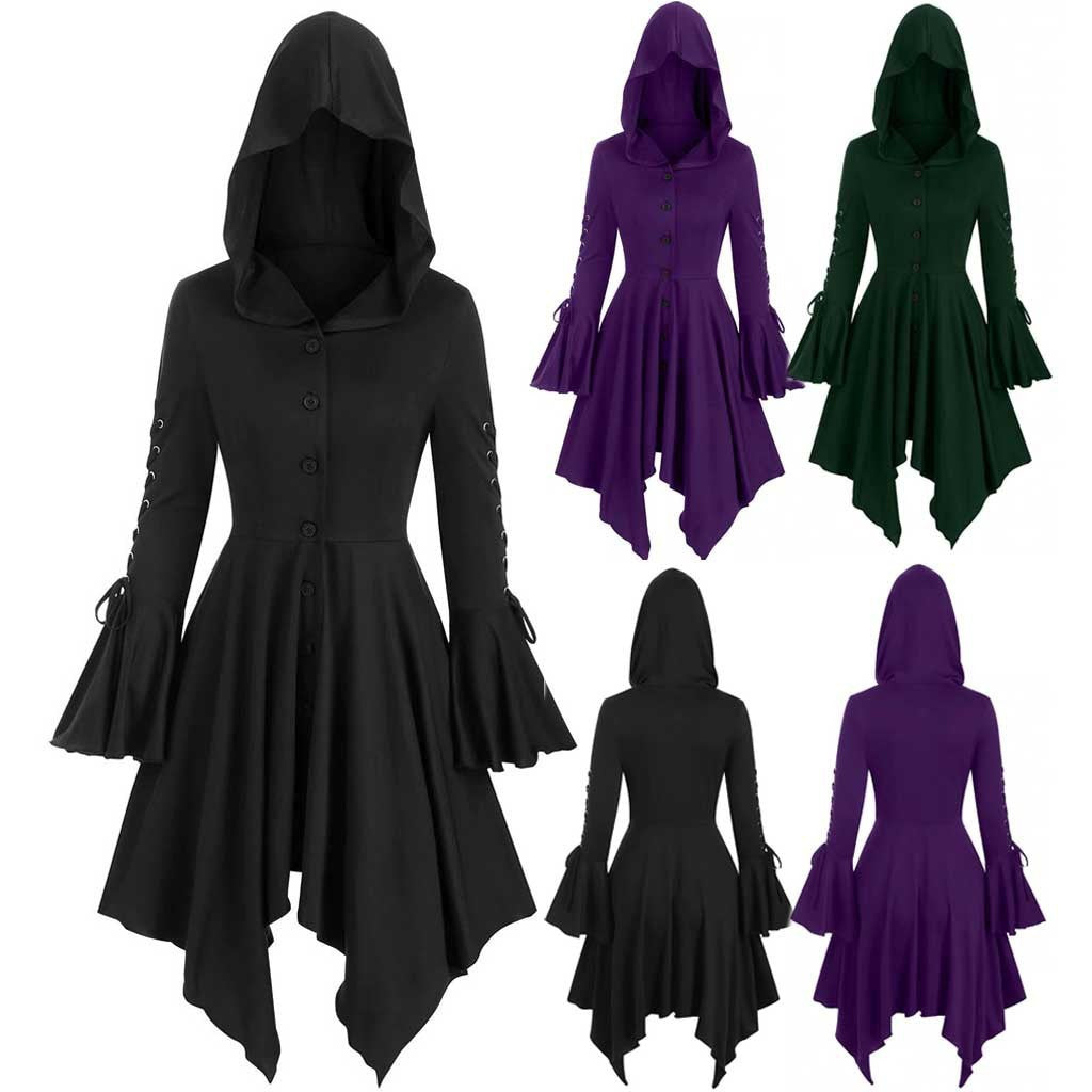 Damen nan Kapuzen-Mantelkleid mit asymmetrischem Zipfelsaum und geschnürten Glockenärmeln