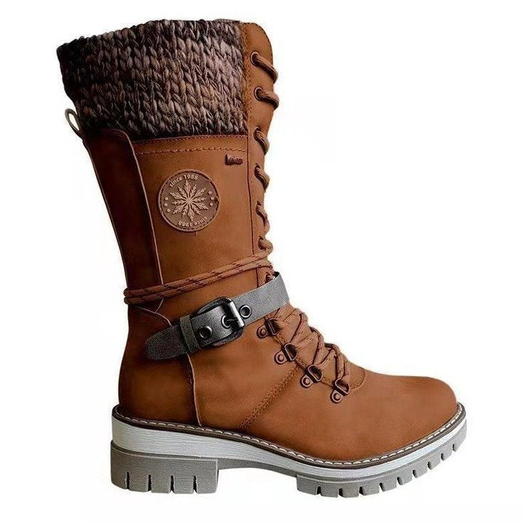 Damen nan hoher Schnürstiefel mit Strickbündchen, robuster Profilsohle und seitlichem Reißverschluss