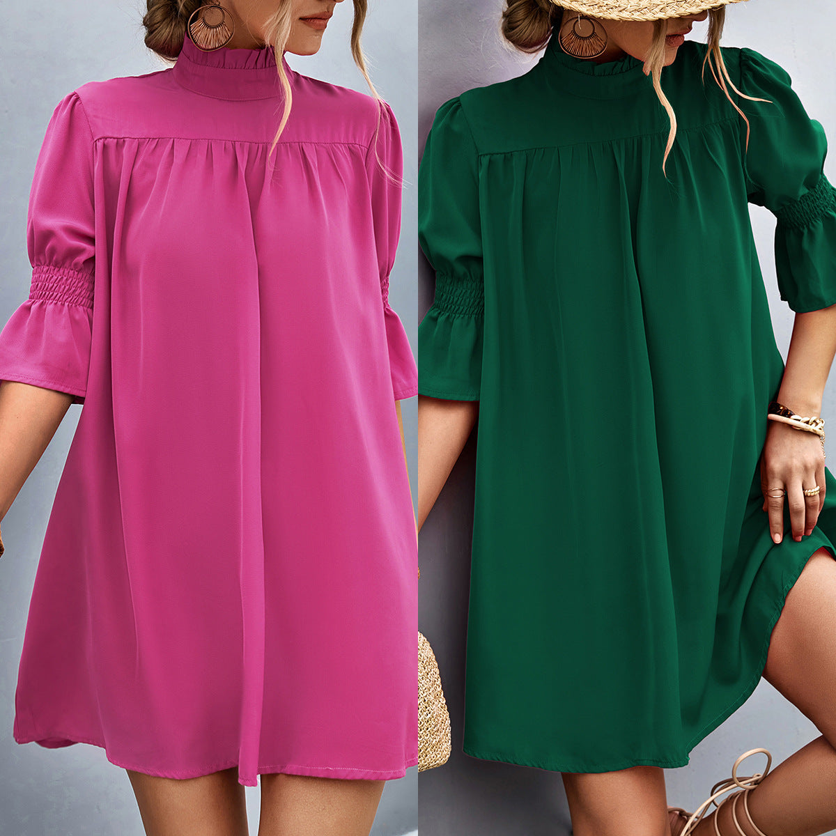 Damen Feierliches Kurzarmkleid mit Stehkragen und luftigen Ärmeln Selmira