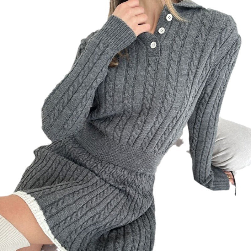 Damen nan Kabelstrick-Set mit Polo-Kragen und ausgestelltem A-Linien-Rock