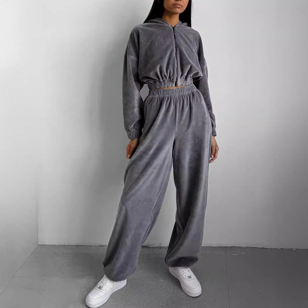 Damen nan Samt-Loungewear-Zweiteiler mit kurzem Frontzip, elastischem Komfortbund und weitem Hosenbein