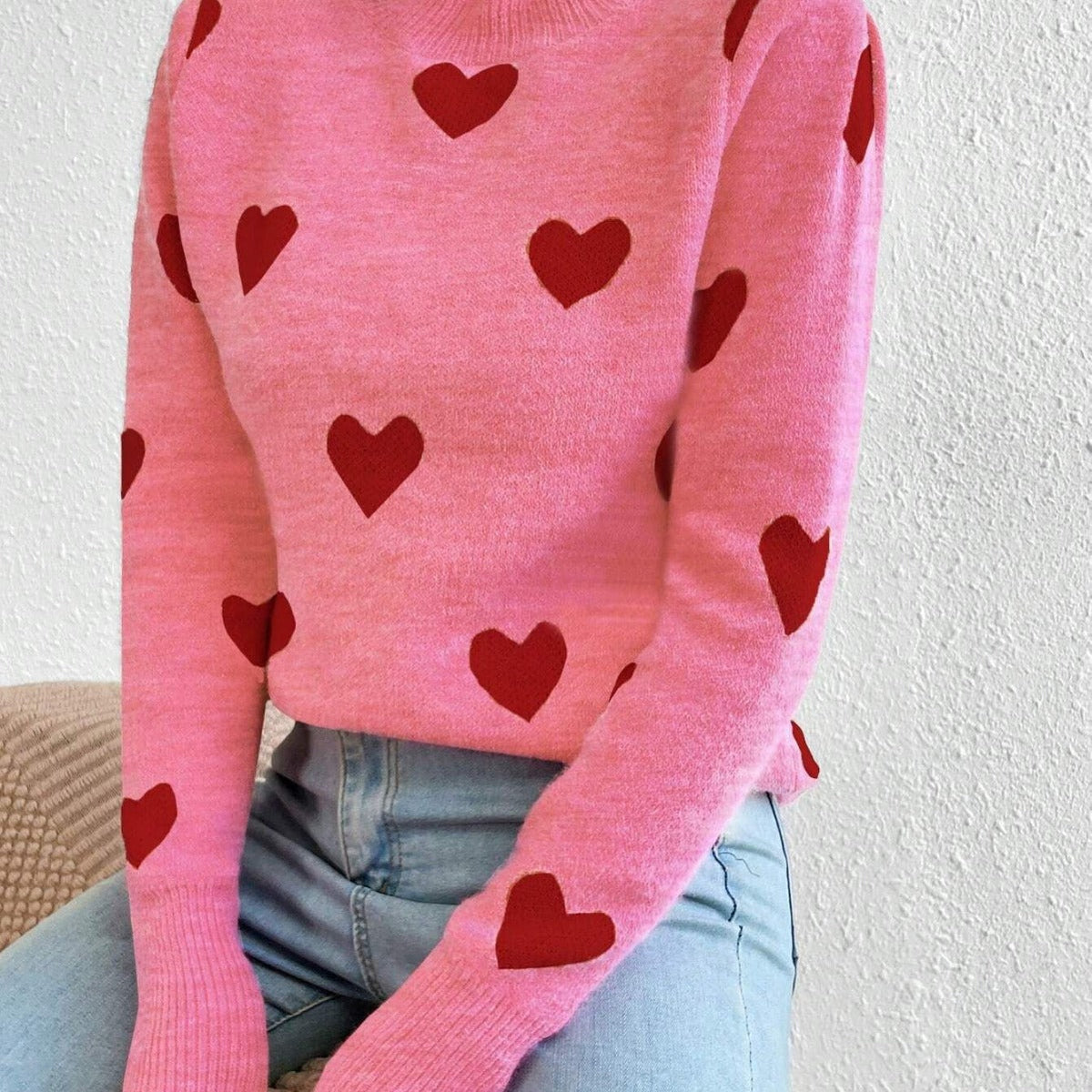 Damen nan kaschmirähnlicher Feinstrickpullover mit Allover-Herzmotiv, Rundhalsausschnitt und verlängerten Bündchen