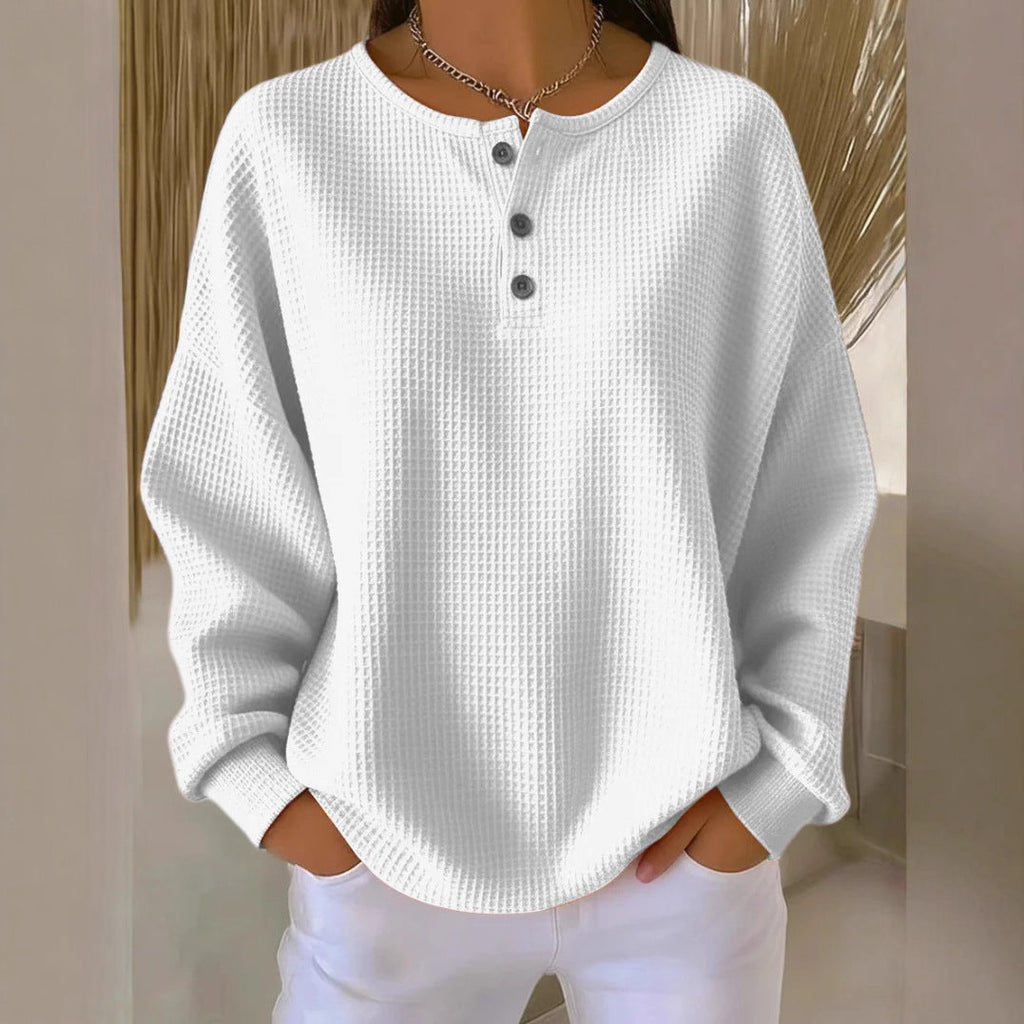 Damen nan Oversized Waffelstrick Henley-Pullover mit Knopfleiste und abgerundetem Saum