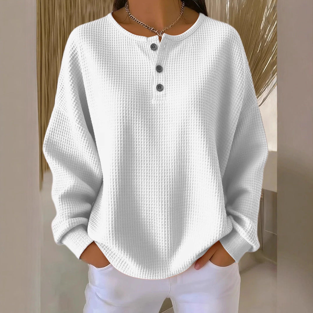 Damen nan Oversized Waffelstrick Henley-Pullover mit Knopfleiste und abgerundetem Saum