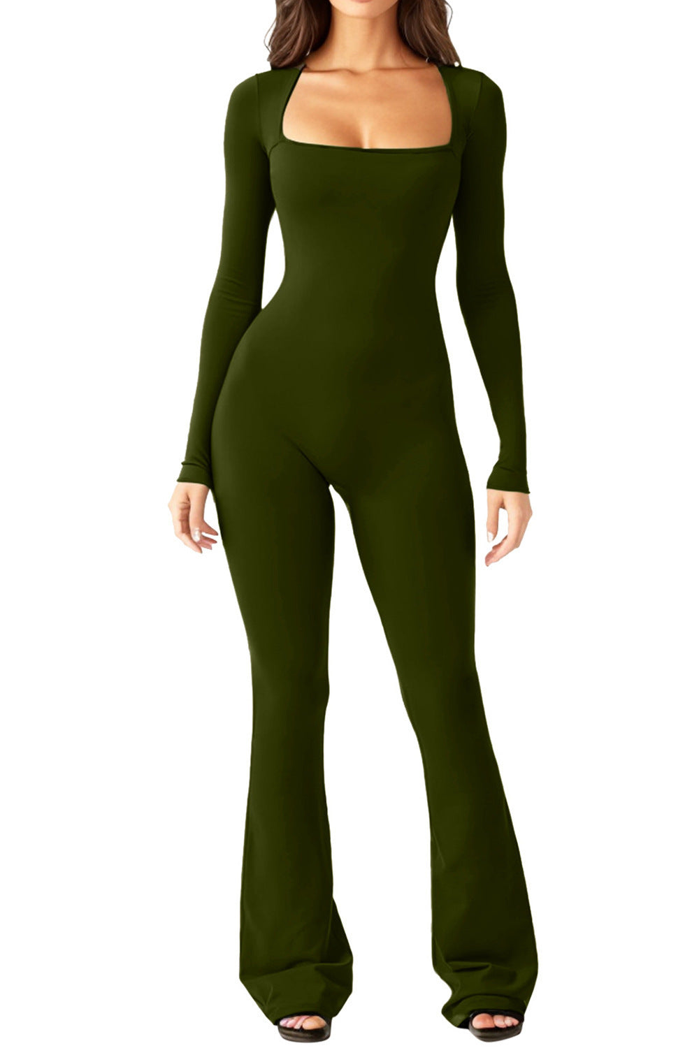 Damen nan figurbetonter Langarm-Jumpsuit mit quadratischem Ausschnitt und ausgestellter Schlaghose