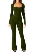 Damen nan figurbetonter Langarm-Jumpsuit mit quadratischem Ausschnitt und ausgestellter Schlaghose