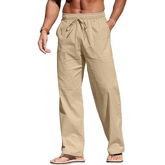 Herren nan leichte Leinenhose mit elastischem Bund, Kordelzug und aufgesetzten Taschen