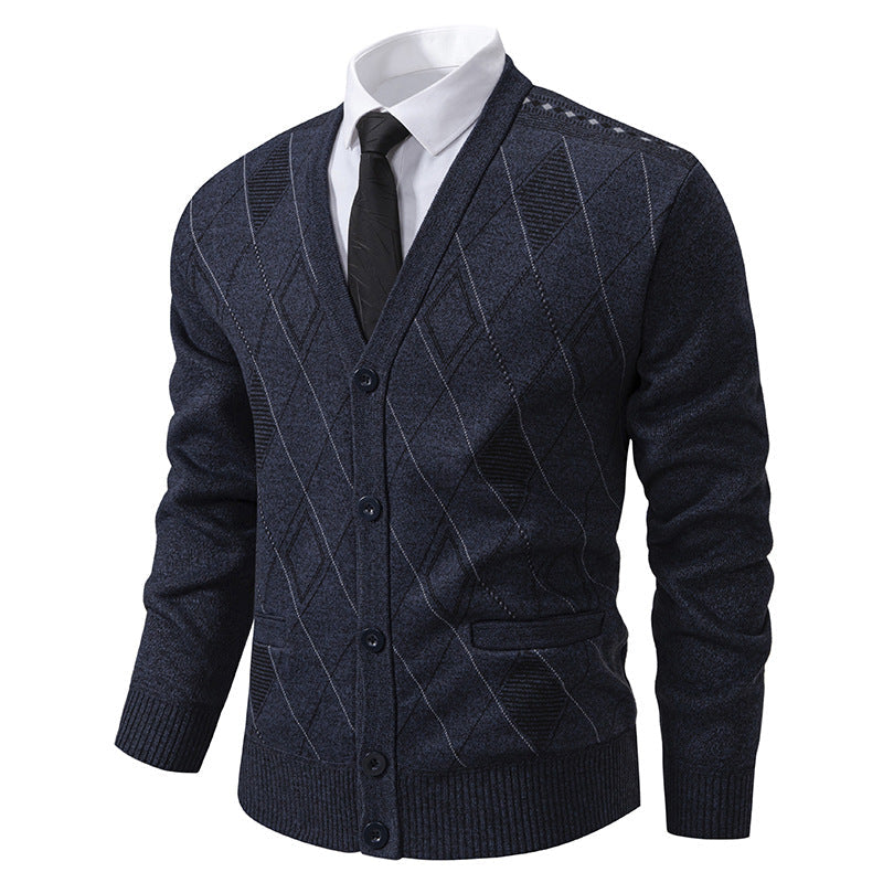 Herren nan feiner Rauten-Strickcardigan mit V-Ausschnitt, Knopfleiste und Eingriffstaschen