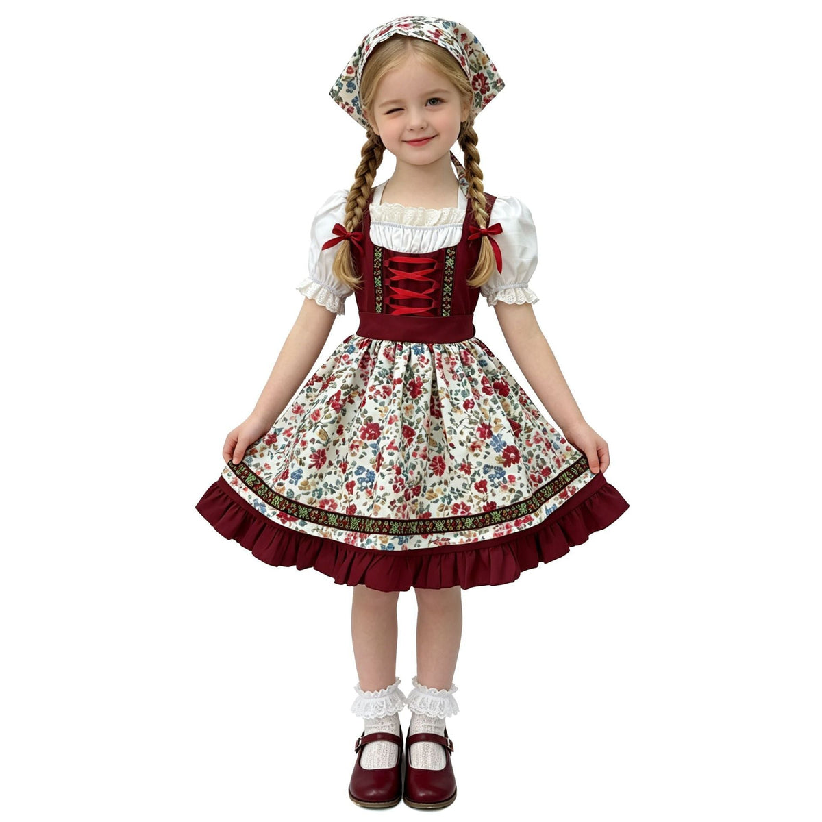 Damen nan traditionelles Kinderdirndl mit Schürze Haarband Spitzenbluse und Zierschnürung