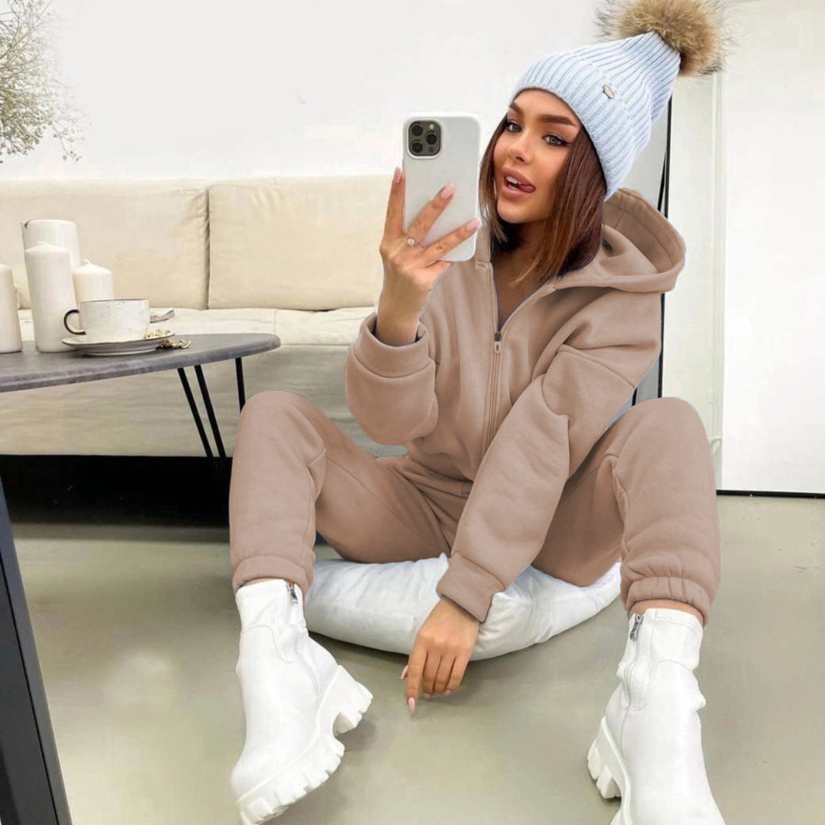 Damen nan weiches Reißverschluss-Hoodie und taillierte Komfort-Jogginghose Set mit innenliegendem Fleece