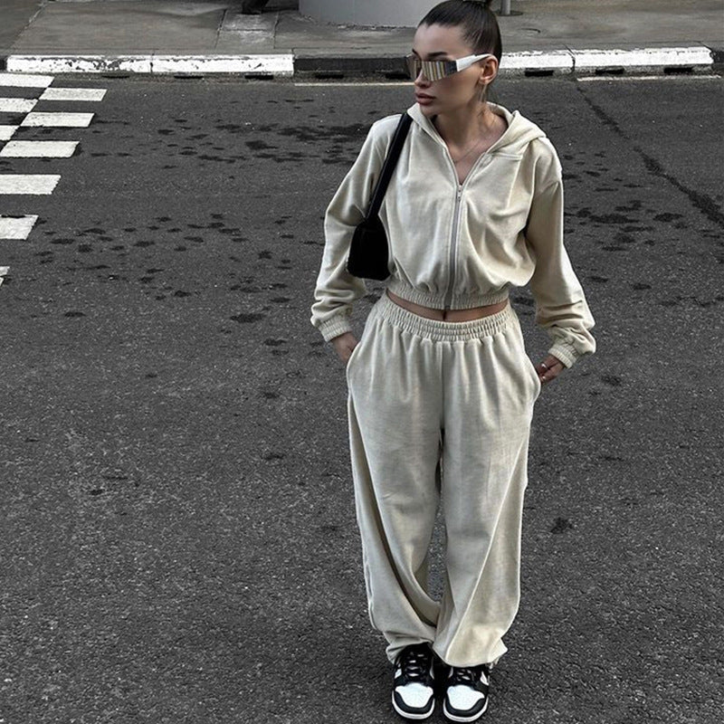 Damen nan Samt-Trainingsanzug zweiteilig mit cropped Kapuzenjacke und hoher Taille Jogginghose