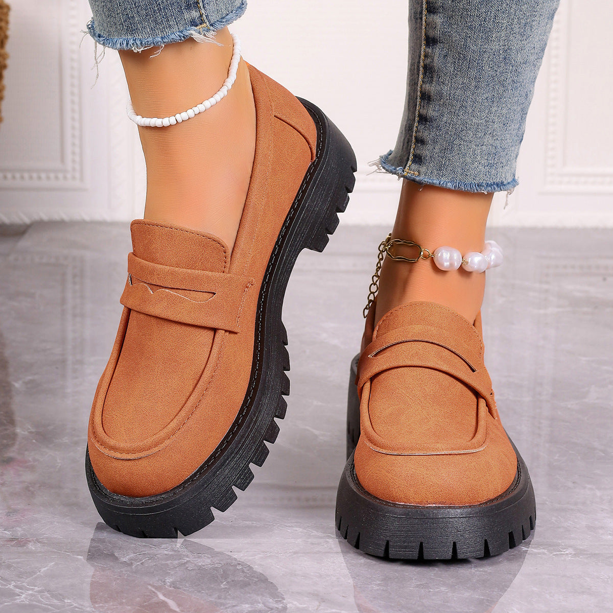 Damen nan Plateau-Loafer mit Profilsohle und Velourslederoptik