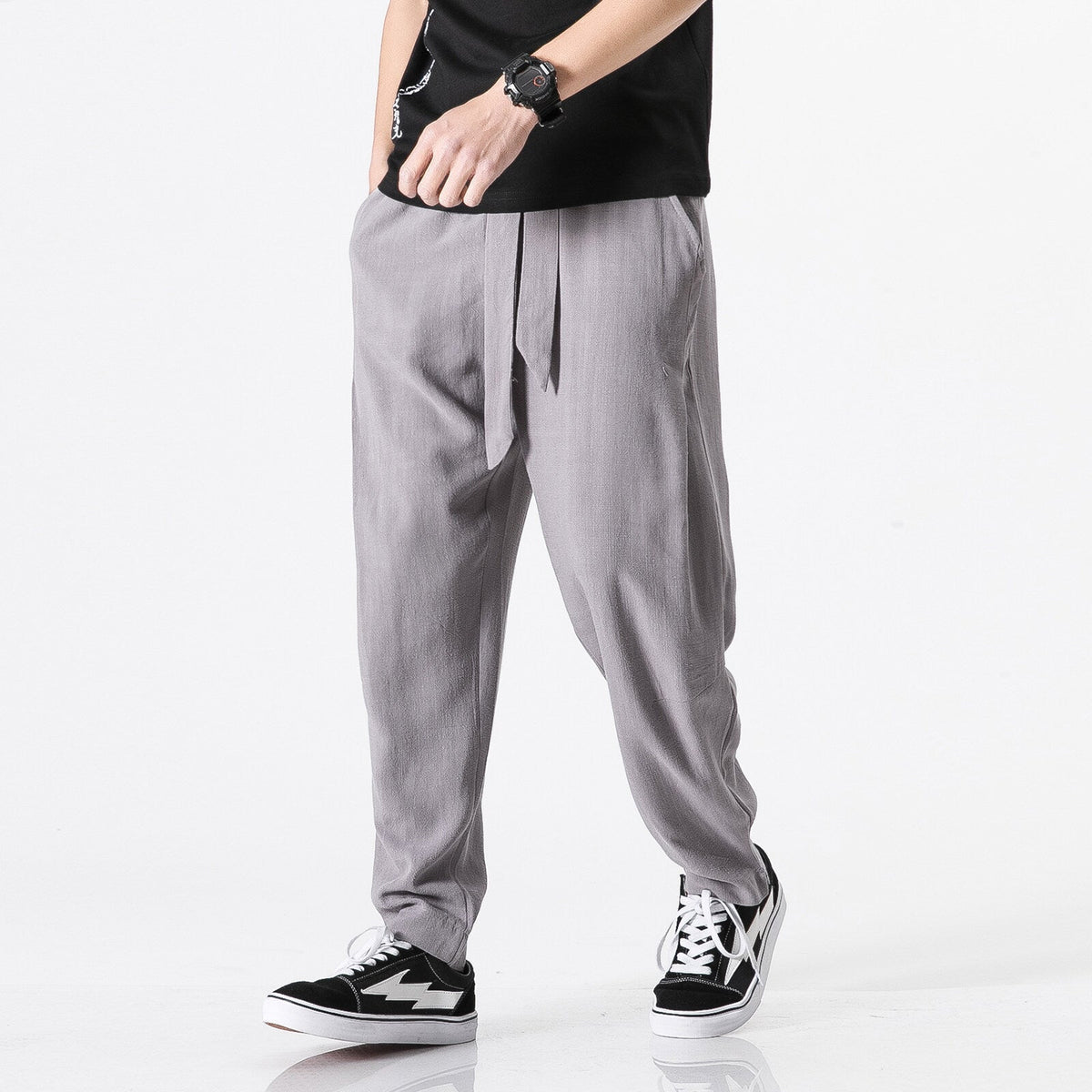 Herren nan entspannte Leinen-Baumwoll Harem-Joggerhose mit verdecktem Tunnelzug und tapered Bein