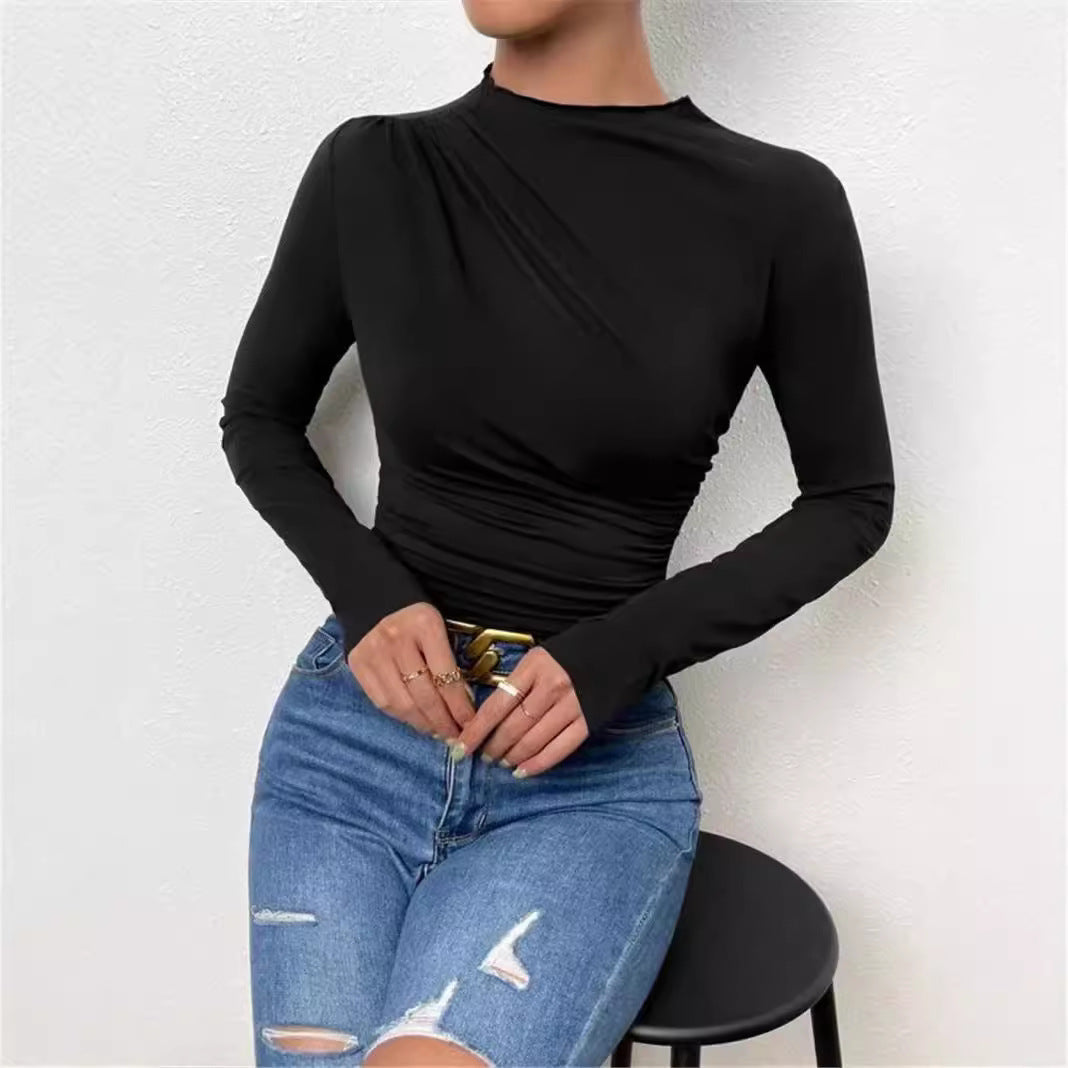 Damen nan gerafftes Langarmshirt mit asymmetrischem U-Boot-Ausschnitt und figurbetonter Silhouette