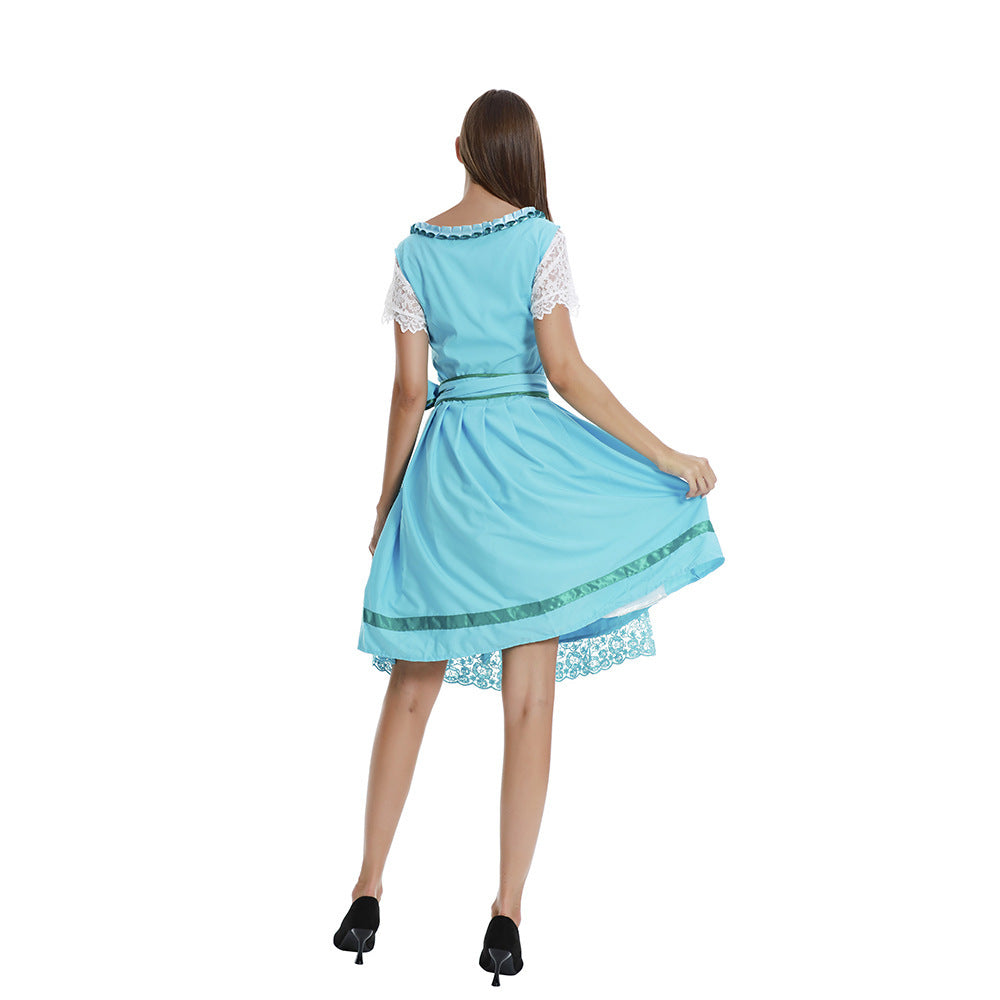 Damen nan romantisches Alpenkleid mit geschnürtem Mieder, Spitzeneinsatz und Taillenschärpe