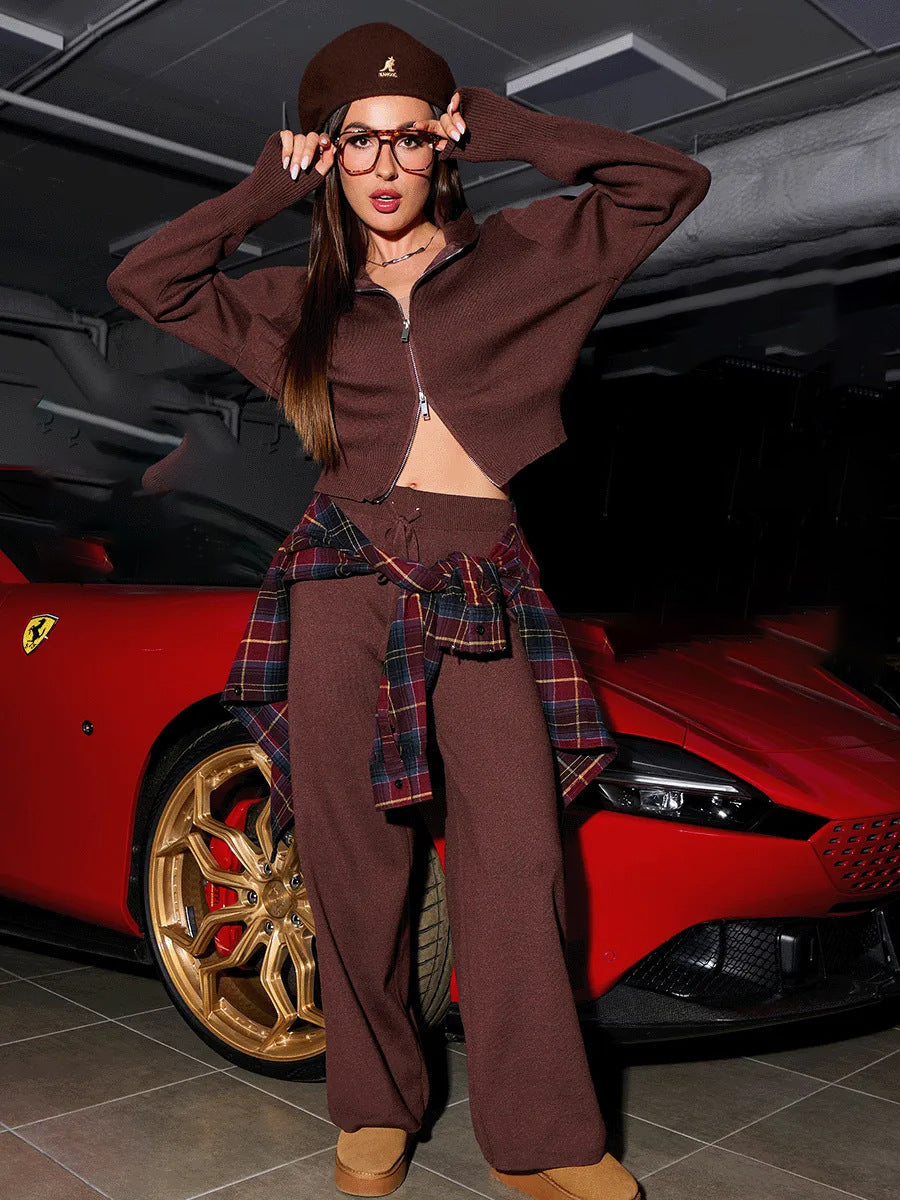 Damen nan gestricktes Loungewear-Zweiteiler mit kurzem Reißverschluss-Cardigan und weitem Highwaist-Hosenbein