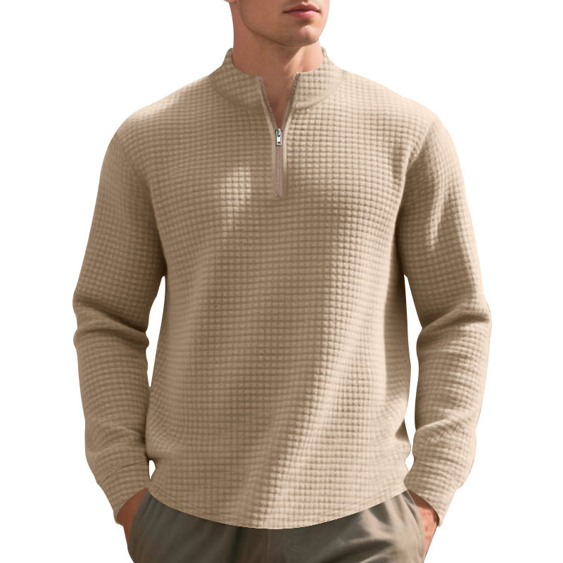 Herren nan urbaner Halbzip-Pullover mit feiner Quadratstruktur und hohem Stehkragen