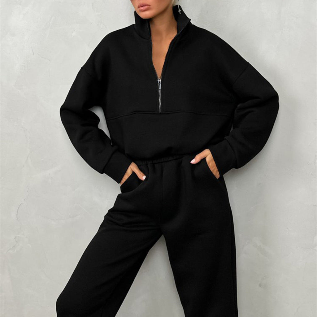 Damen nan cropped Half-Zip Fleece-Set zweiteilig mit hohem Bund und elastischen Bündchen