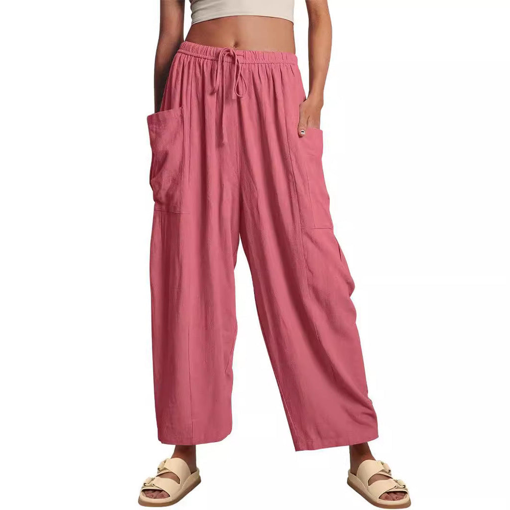 Damen nan weite Palazzohose aus leichtem Leinenmix mit Tunnelzug und seitlicher Tasche