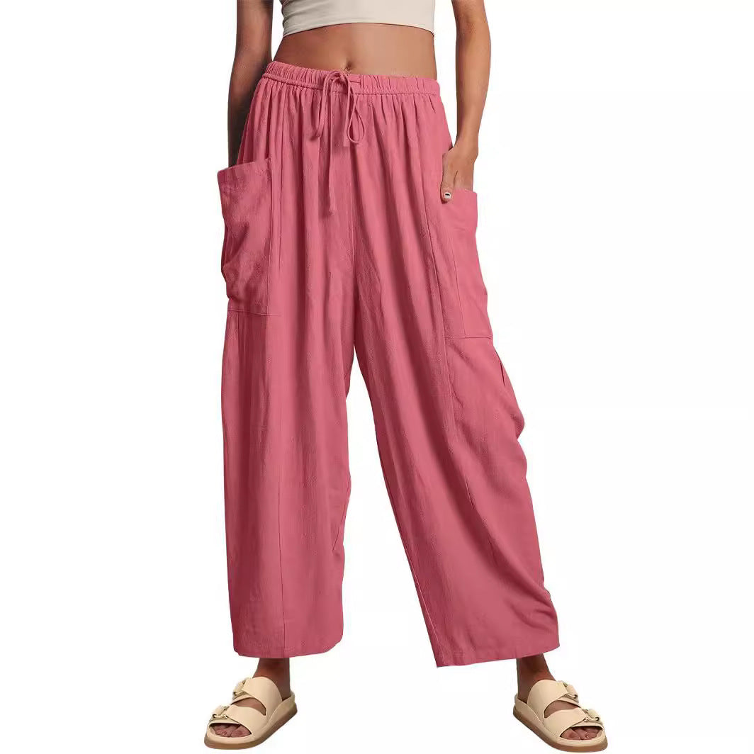 Damen nan weite Palazzohose aus leichtem Leinenmix mit Tunnelzug und seitlicher Tasche