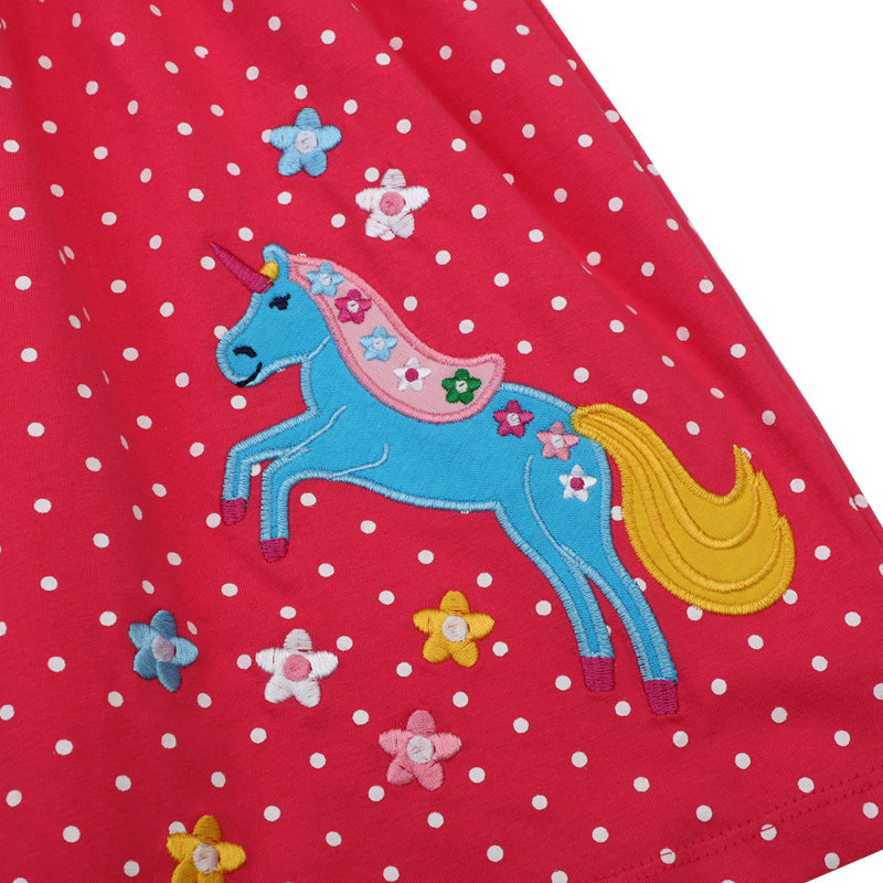 Mädchen Kleid mit niedlicher Pferdemotiv und Punkten