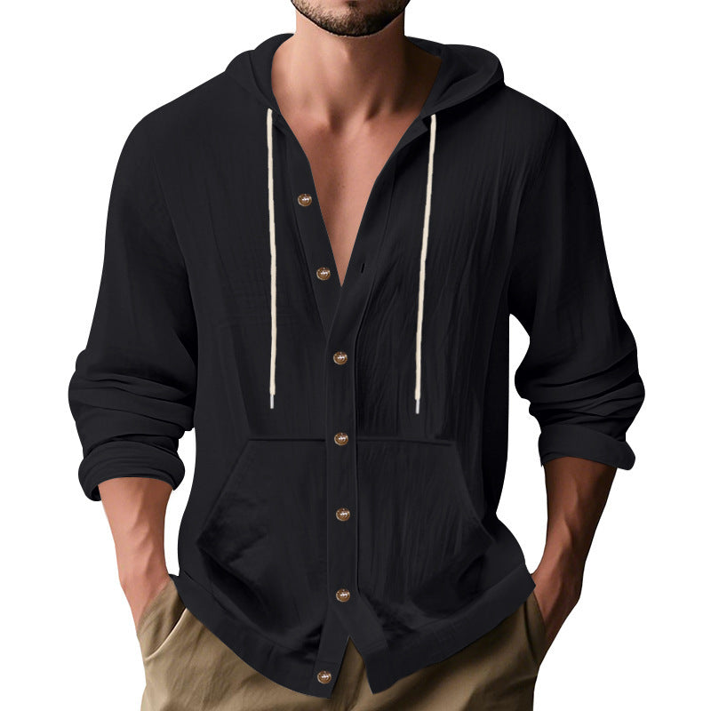 Herren nan figurbetonte Kapuzenhemd-Jacke aus Baumwollmix mit Druckknopfleiste und Kängurutasche