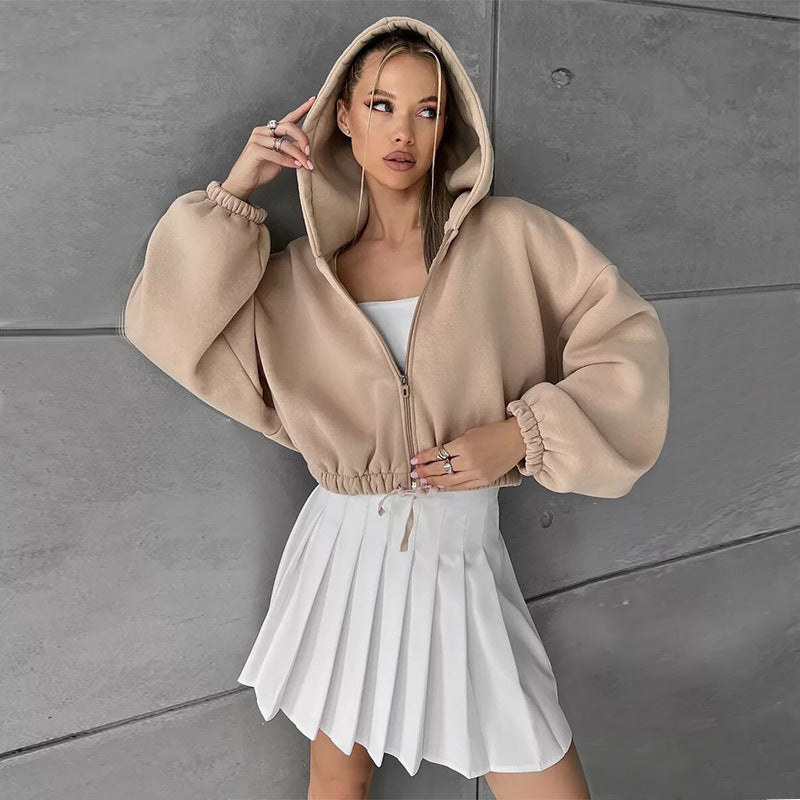 Damen nan kurzes Oversize-Kapuzensweatshirt mit Halbzip und Kordelzugbund