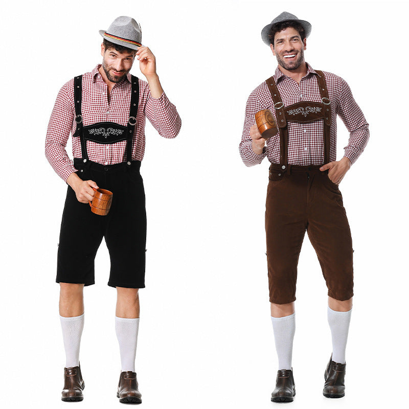 Herren nan kurze Trachtenlederhose in Veloursleder-Optik mit besticktem Brustlatz und verstellbaren Trägern
