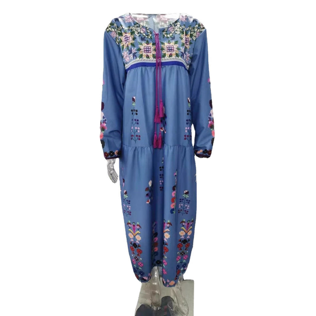 Damen nan besticktes Maxikleid mit langen Ärmeln, Quastenverschluss und folkloristischer Stickerei