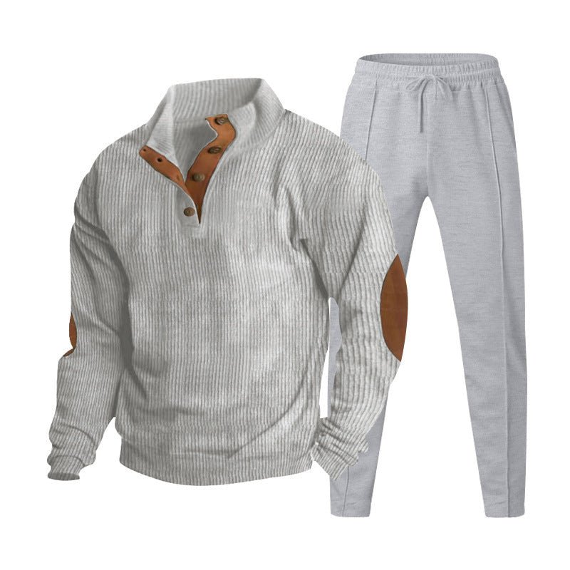 Herren nan strukturiertes Strick-Loungewear-Set mit halber Knopfleiste, kontrastreichen Ellbogenpatches und elastischem Tunnelzug-Jogger