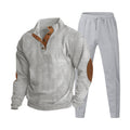 Herren nan strukturiertes Strick-Loungewear-Set mit halber Knopfleiste, kontrastreichen Ellbogenpatches und elastischem Tunnelzug-Jogger