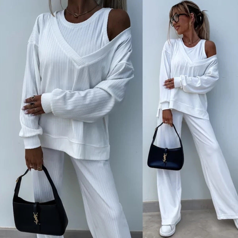 Damen nan elegantes Rippstrick-Zweiteiler Lounge-Set mit einseitigem Schulterfreischnitt und weitem Palazzo-Hosenbein