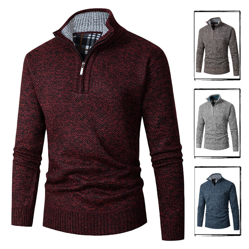 Herren nan grobgestrickter Halfzip-Pullover mit Stehkragen und karierter Krageninnenseite