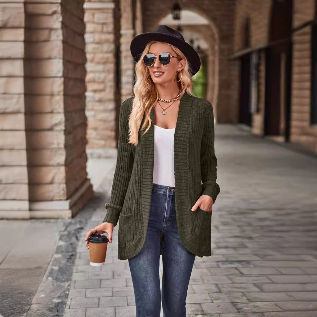Damen nan langer gerippter Cardigan mit aufgesetzten Taschen und offener Front