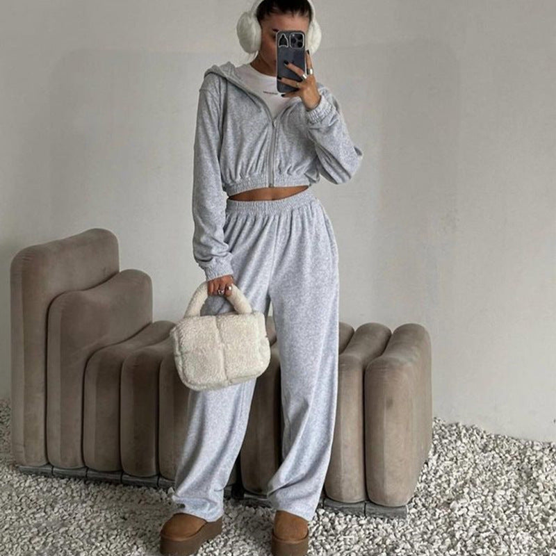 Damen nan Samt-Trainingsanzug zweiteilig mit cropped Kapuzenjacke und hoher Taille Jogginghose