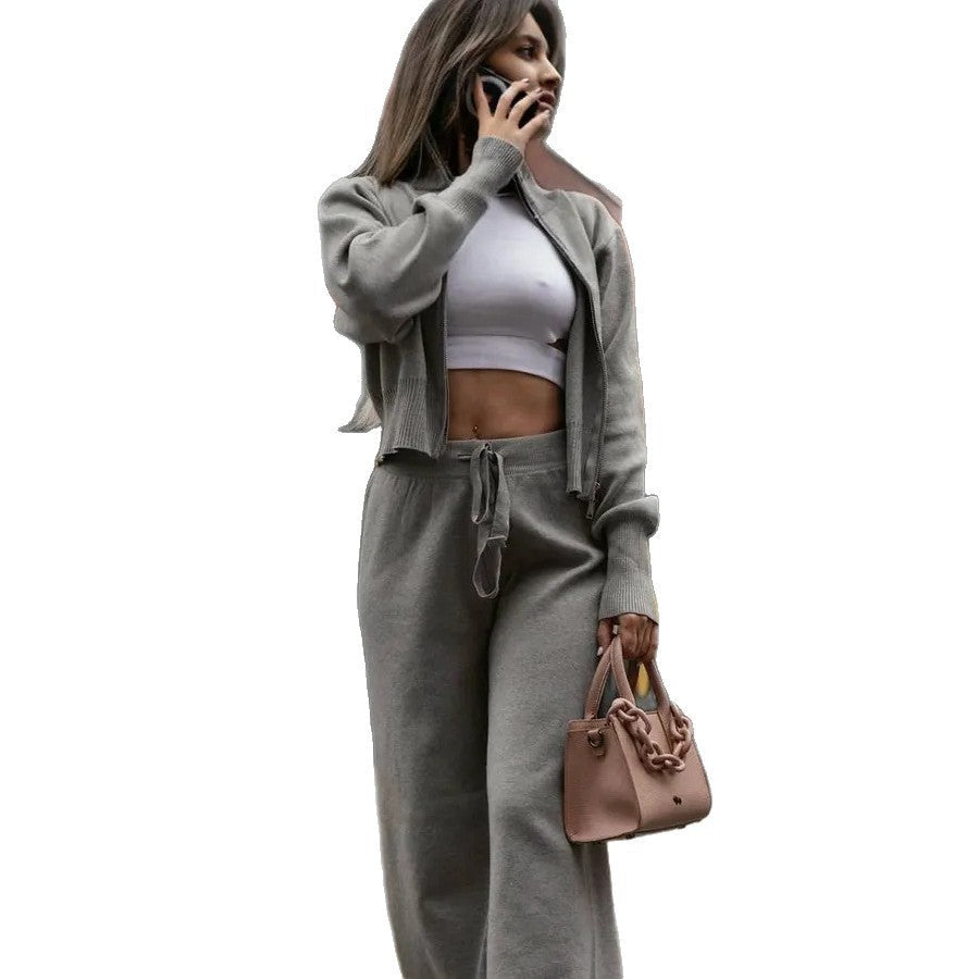 Damen nan gestricktes Loungewear-Zweiteiler mit kurzem Reißverschluss-Cardigan und weitem Highwaist-Hosenbein