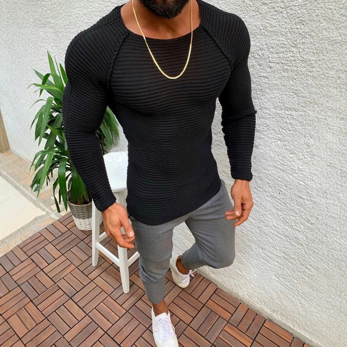 Herren nan figurbetonter Strickpullover mit Raglanärmeln und elastischer Struktur