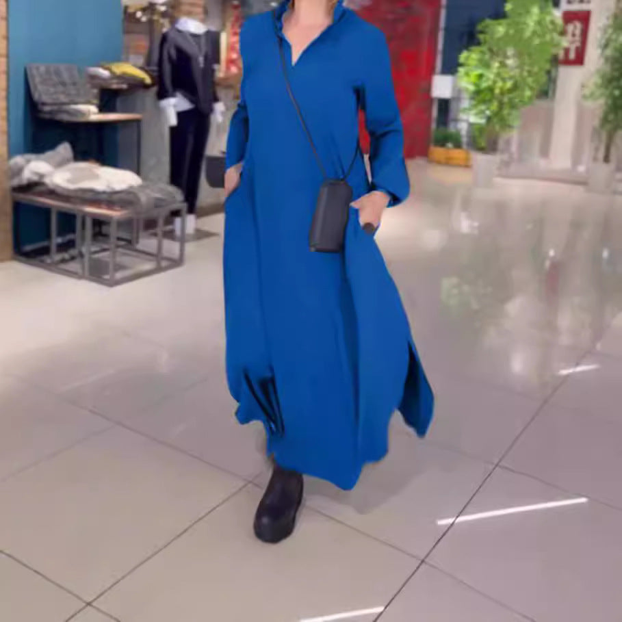 Damen nan fließendes Maxikleid mit V-Ausschnitt, kastiger A-Linie und langen Ärmeln