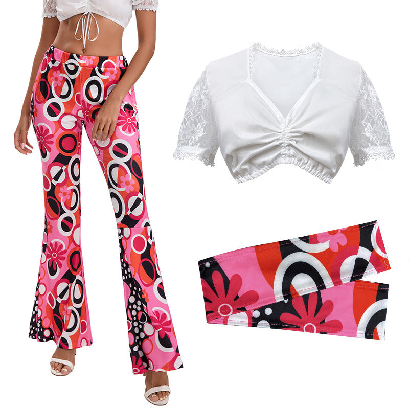 Damen nan Retro Schlaghose Set mit Spitzen-Cropped-Top und bedrucktem Stirnband