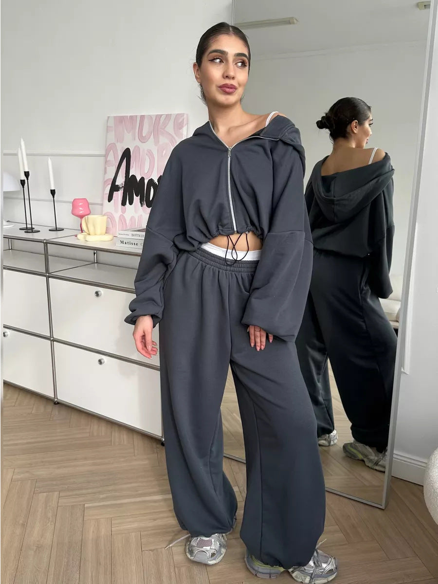 Damen nan cropped Reißverschluss-Hoodie mit Tunnelzugsaum und weitem Sweatpants-Schnitt