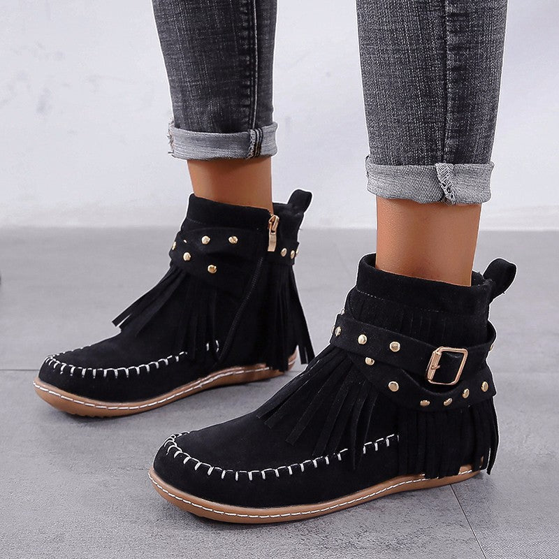 Damen nan Fransen-Mokassin-Stiefelette mit Ziergurt, Schnalle und weicher Gummisohle
