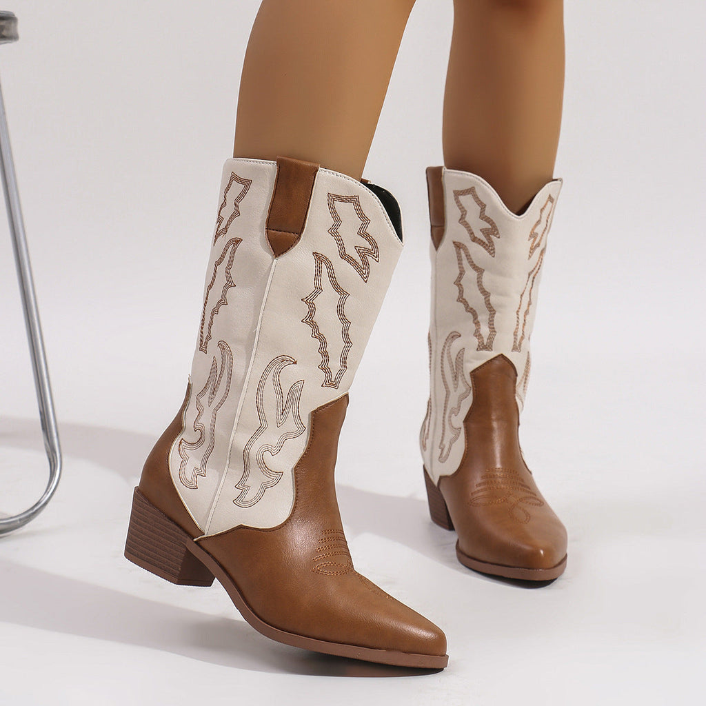 Damen nan Cowboystiefel im Westernstil mit mittelhohem Blockabsatz spitzer Zehenkappe und dekorativer Stickerei