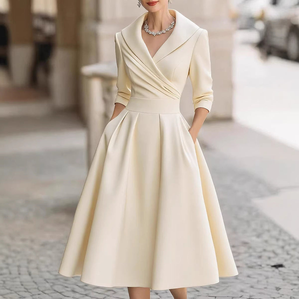 Damen nan elegantes Midikleid mit Wickeloberteil, Dreiviertelärmeln und Eingrifftaschen